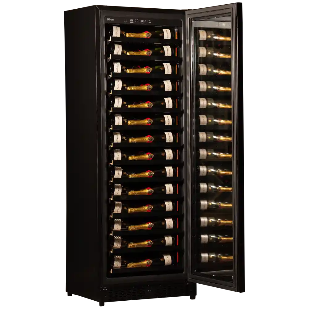 Pevino Imperial Eco 96 bottles - Single Temperature Zone wine cabinet with the door open, showing the wine within