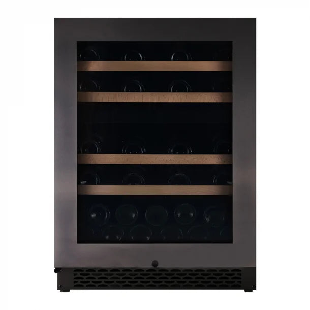 A Pevino Majestic wine fridge with a black steel door