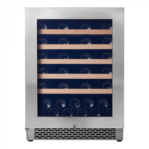 The single temperature 46 bottle pevino majestic wine cabinet in stainless steel