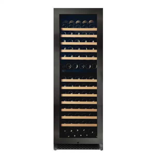 The front on view of a Pevino Majestic 150 bottle double zone wine fridge