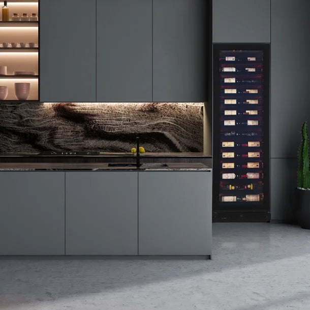 The Pevino Imperial 54 bottles, Single Temperature Zone wine cabinet, located within a kitchen setting
