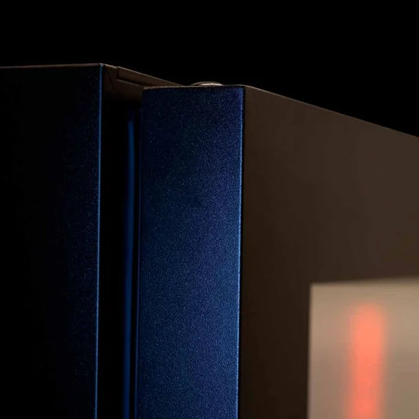 The corner showing the matt black framework on the door of a Pevino Imperial 54 bottle wine fridge