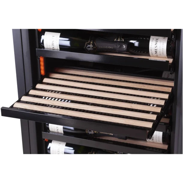 Shelving within a Pevino Imperial Eco 96 bottles, 2 Temperature Zone Wine Fridge