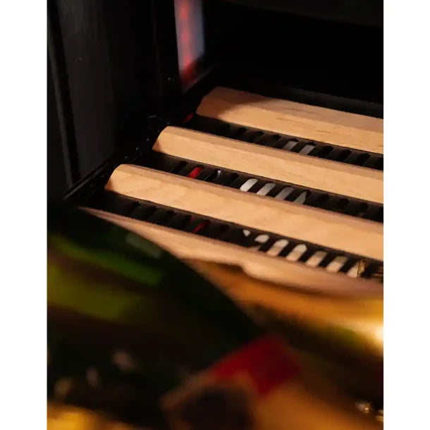 A close up of the wooden slatted draws within a Pevino Imperial Eco 96 bottles, 2 Temperature Zone Wine Fridge