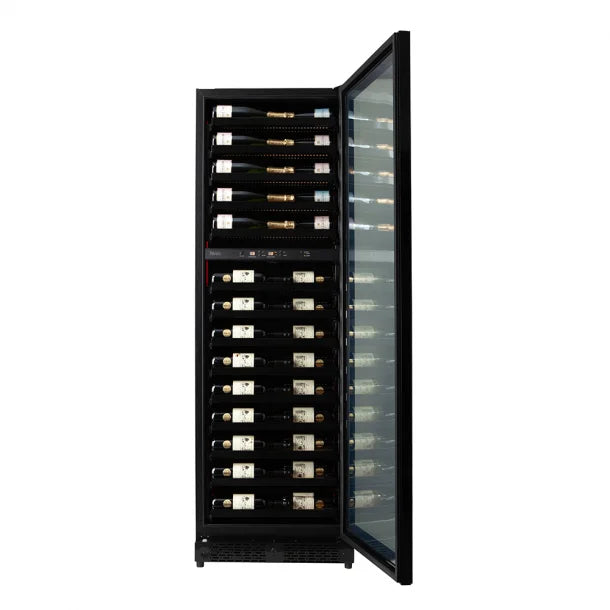 The door open showing wine bottles within the Pevino Imperial 54 bottle capacity wine fridge