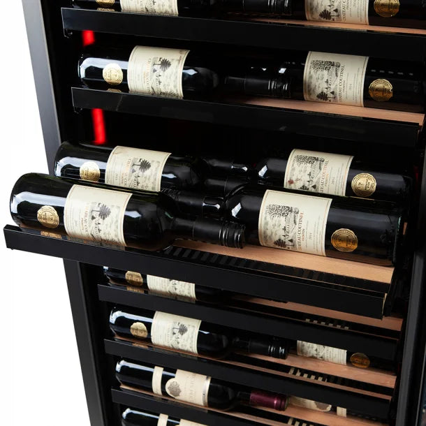 The shelving with wine bottles on for a Pevino Imperial 54 bottles - Single Temperature Zone wine fridge