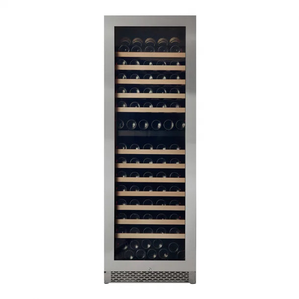 Pevino Majestic 150 bottle double zone wine fridge with a chrome door