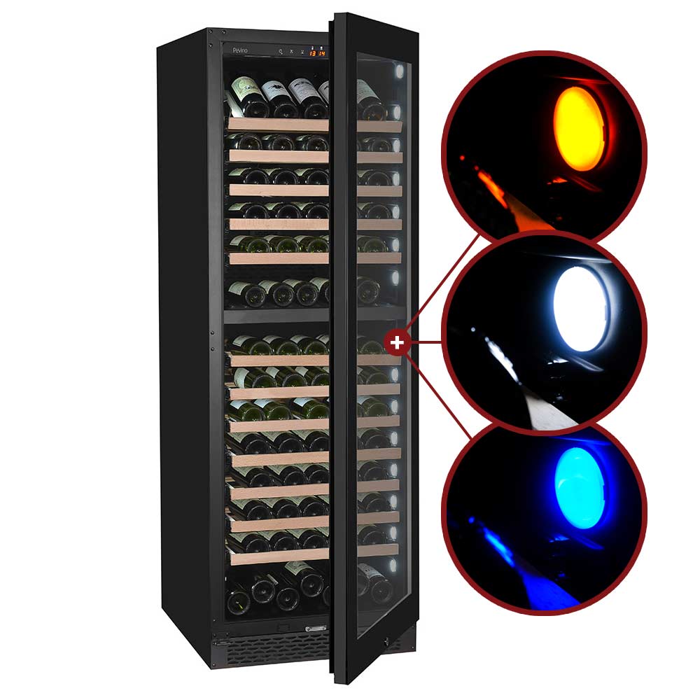 An image showing the three different lighting settings on a Pevino wine cabinet. Chooe from yellow, cool white or blue