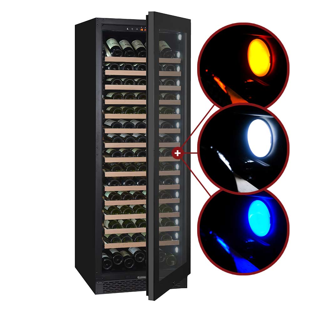 The three lighting settings for a Pevino Majestic single temperature wine fridge