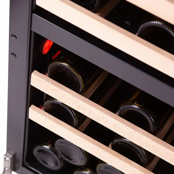 The wooden front shelving within a A Pevino Majestic wine fridge