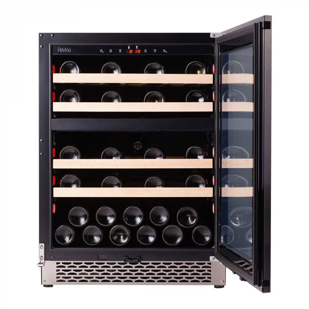 The inside, showing the shelving of a A Pevino Majestic 39 bottle wine cabinet