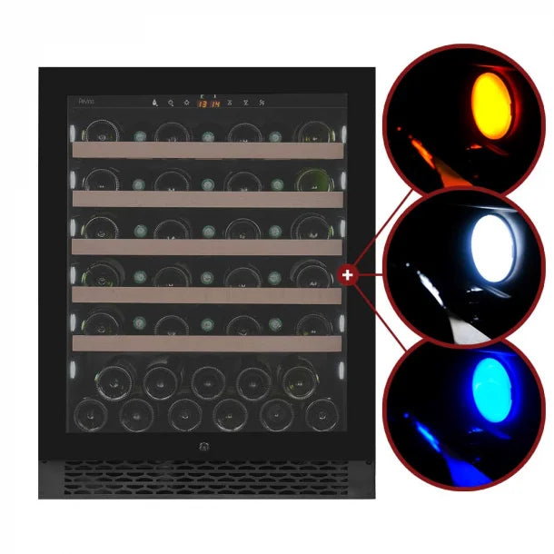 The three lighting options for a single temperature 46 bottle pevino majestic wine cabinet
