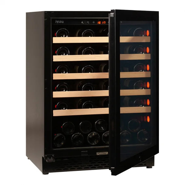 The single temperature 46 bottle pevino majestic wine cabinet in black with the door open