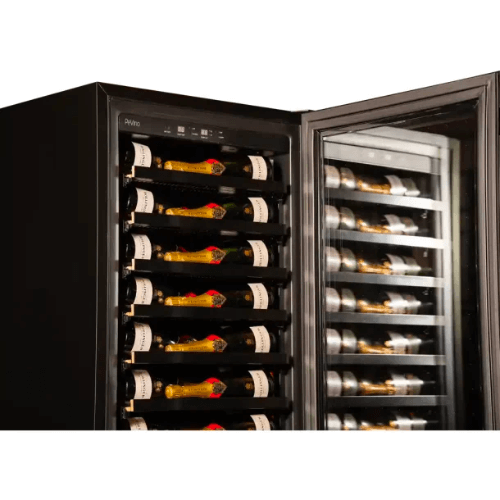 The top section of a Pevino Imperial Eco 96 bottles Single Temperature Zone wine cabinet