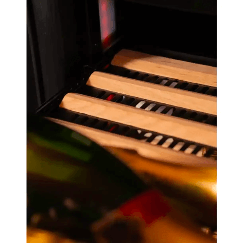 Empty shelving within a Pevino Imperial Eco 96 bottle wine fridge