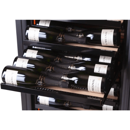 Shelving within the Pevino Imperial Eco, pulled out with wine bottles laid upon